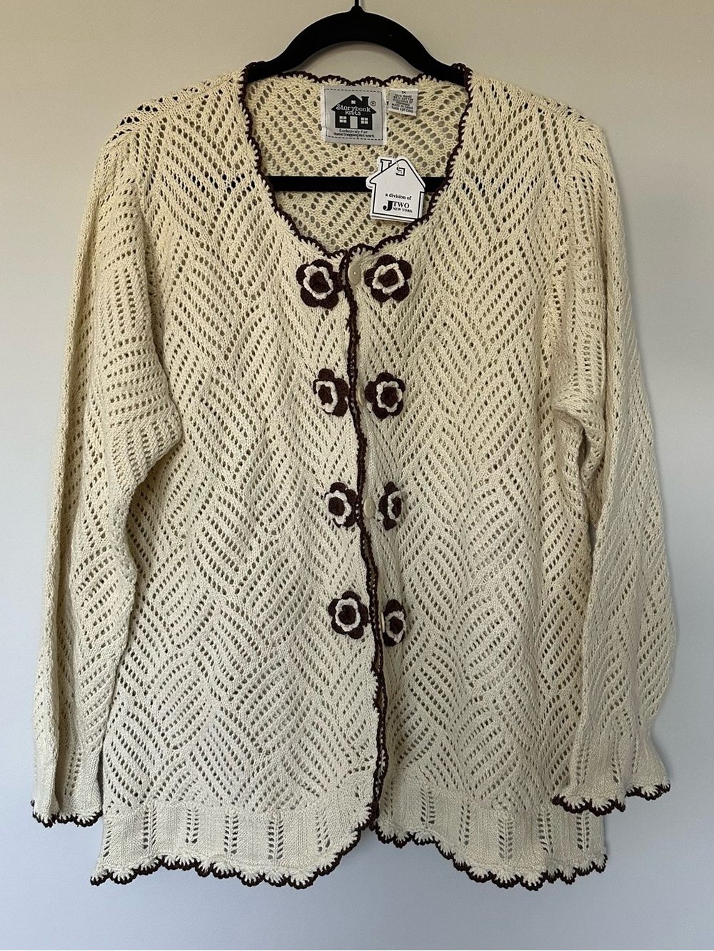 VTG Storybook Knits Crochet Knit Cardigan Sweater Cream Brown Flower Buttons 1X